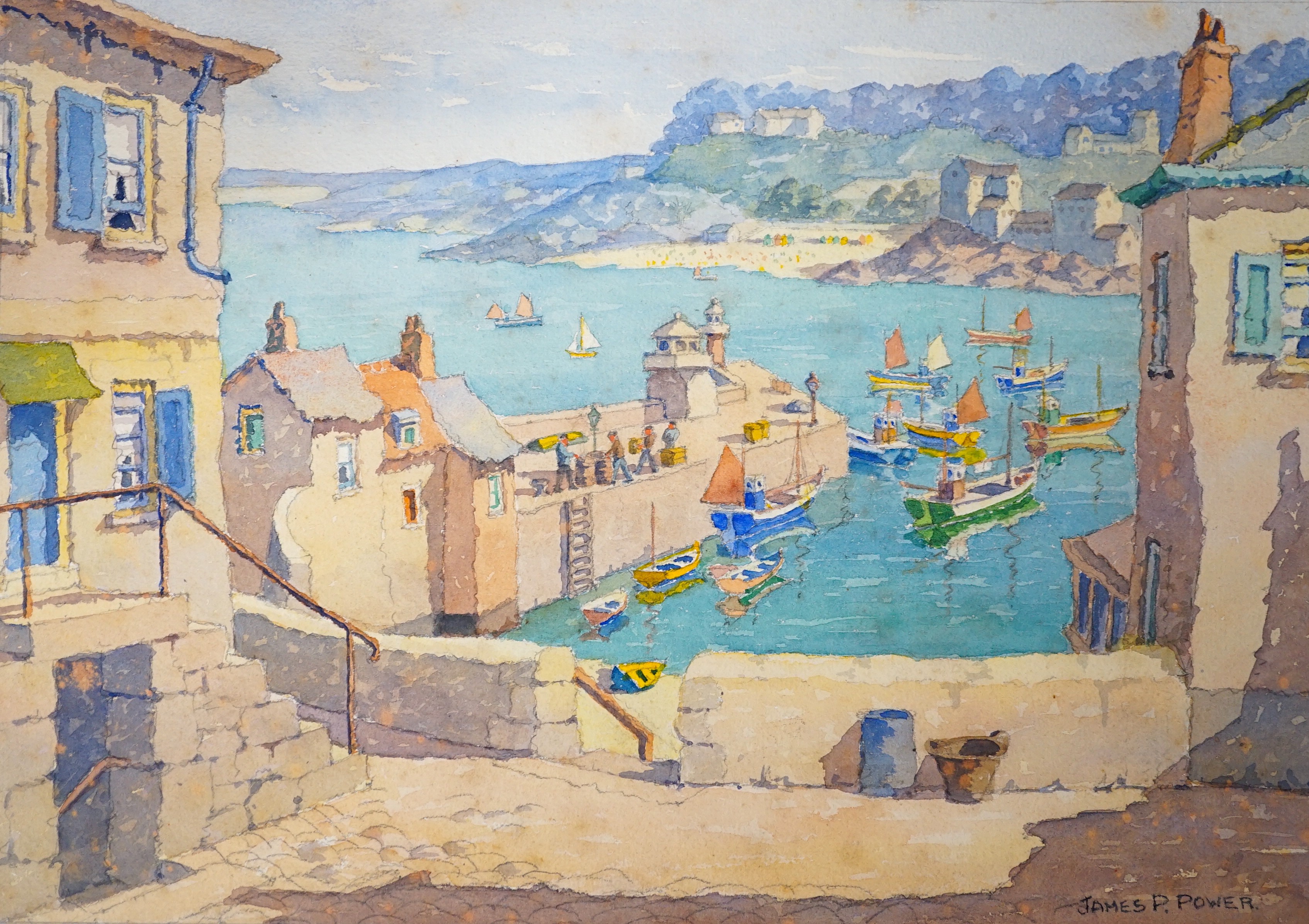 James P. Power R.B.A.(Exh.1924-1938), watercolour, 'The Harbour, St Ives, Cornwall' and a watercolour of 'Old Harry Rocks, Dorset' by John Christopher Temple Willis, largest 25 x 35cm, unframed